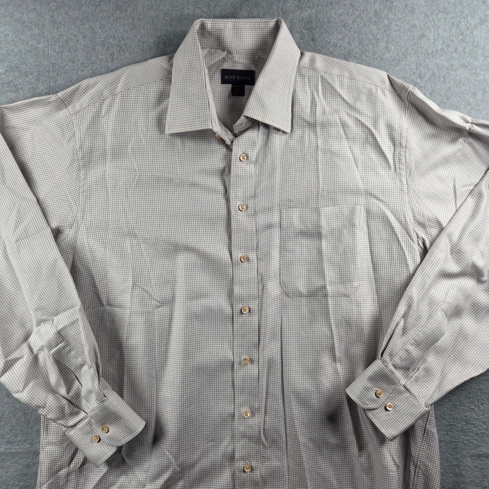 Scott Barber Button Down Shirt Mens XL Tan Micro-Check 100% Cotton Long Sleeve